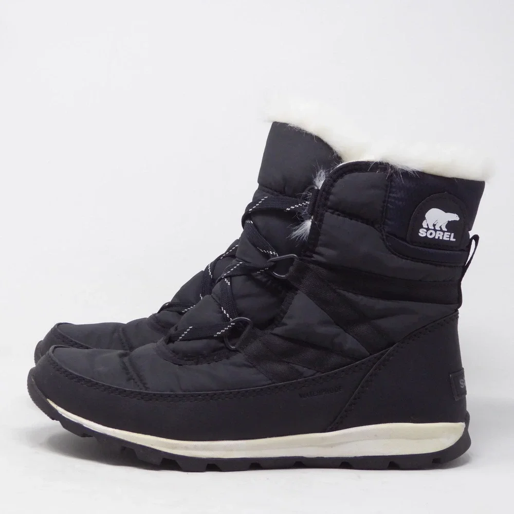 Sorel Womens Whitney Short Lace Snow Boots Black Faux Fur Trim NL2776-010 Size 7